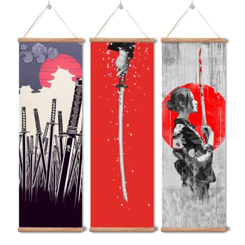 xinyuru Japanese Samurai Scroll Wall Art, Solid Wood Frame, Ready to Hang
