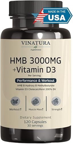HMB 3000mg y vitamina D3 cápsulas de suplemento por porción. Fabricado y probado en Estados Unidos* promueve el crecimiento muscular y la