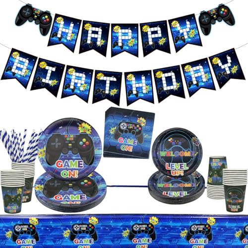 PIXHOTUL Suministros para fiestas de videojuegos – Decoración temática de fiesta de cumpleaños para niños y jugadores(azul sirve 20 A)