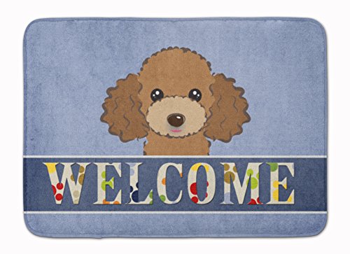 Caroline's Treasures BB1442RUG Chocolate Brown Poodle Welcome Machine Washable Memory Foam Mat, Blue, Bathroom Rug, Non-Slip Bath Mat, Durable Thick Washable Rugs for Kitchen, Bathroom Quick Dry, Deco