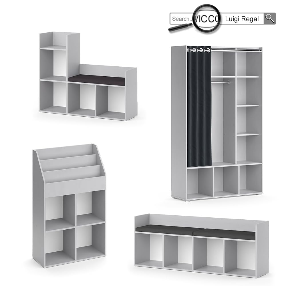 Vicco Étagère pour Enfants Luigi, Gris Clair, 142.4x53.4cm 4 Compartiments, Compatible avec d'autres éléments de la série Luigi