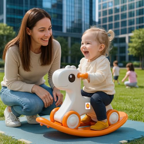 Image of OK PLAY 3 in 1 Pony Rocker Combo for Kids | Push On Ride On | Balancing Board | Backrest | Easy Grip | Anti Skid | Four Wheel | Indoors and Outdoors Games | Light-Weight | Orange & Ivory | 1 Year+