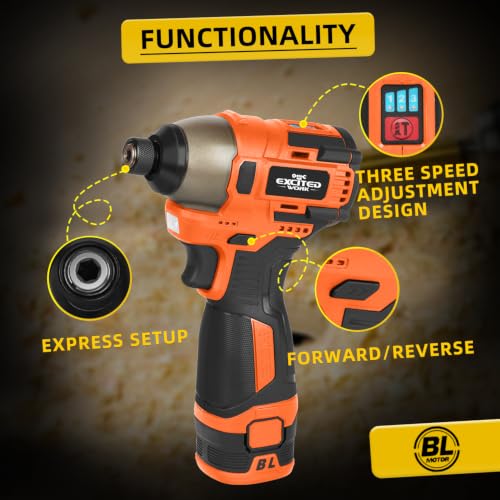 Image of 17V Brushless Screwdriver 140Nm Impact Driver Set | Cordless Screwdriver, 3 Adjustable Speed, 2 Batteries, Led Work Light, Orange, Electric Power Tools