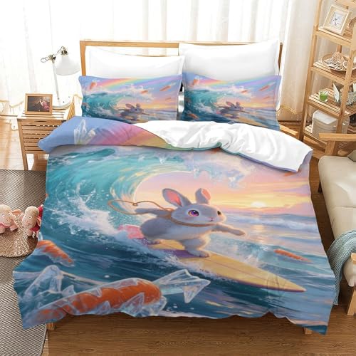 Housse de couette lapin surf microfibre lavable machine drap de couette 3D