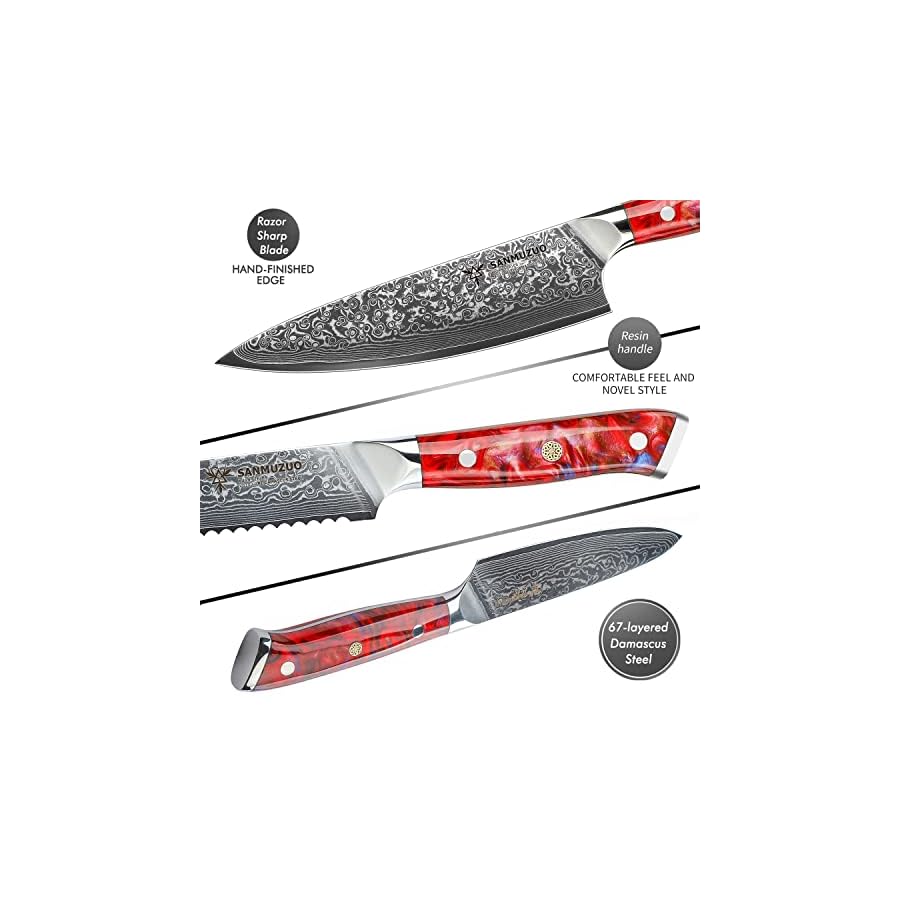 SANMUZUO-Chef-Cooking-Knives-Set-Kitchen-Knife-Set-of-5-Piece-Ultra-Sharp-VG10-Damascus-Steel-Resin-Handle-Xuan-Series-Sunset-Red SANMUZUO Chef Cooking Knives Set- Kitchen Knife Set of 5 Piece - Ultra-Sharp VG10 Damascus Steel & Resin Handle - Xuan Series (Sunset Red)