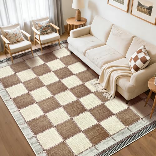 Yinhua Checkered 5x7 Area Rugs Brown Farmhouse Washable Area Rug for Living Room Non Slip Soft Faux Wool Distressed Rugs for Bedroom, Classic Checkerboard Throw Rug for Nursery Office Playroom