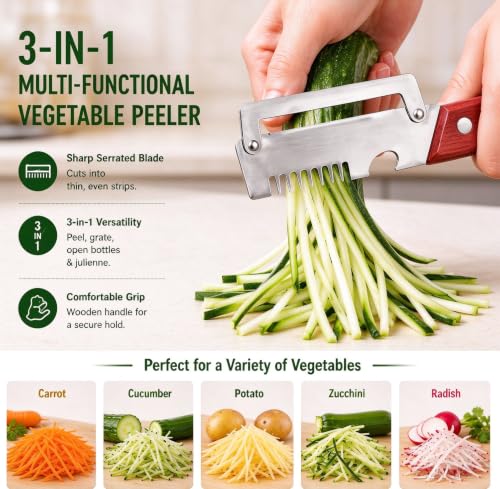 2 Pcs Multi-Functional Vegetable Peeler, 2026 upgrade 3-in-1 Vegetable Peeler with Wooden Handle, Stainless Steel Julienne Peeler and Scallion Shredder with Bottle Opener for Everyday Prep - Image 3