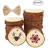 35pcs Natural Unfinished Wood Slices with Bark 2.8’’-3.2’’ Craft Wood Kit Predrilled with Hole, Rustic Wooden Circles Rounds Great for Christmas Ornaments, DIY Crafts, Wedding Centrepiece