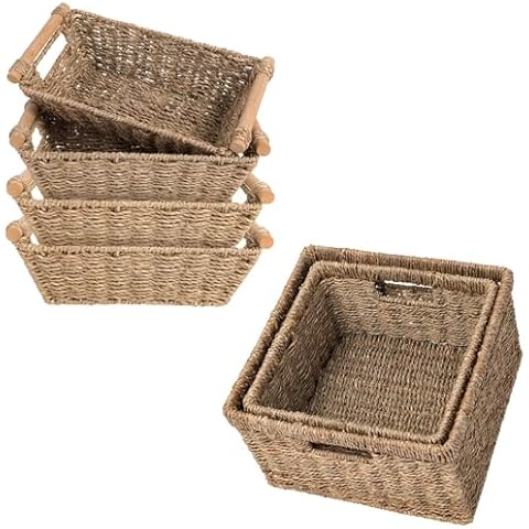 OEHID Wicker Storage Basket Seagrass Baskets with Handles, 4 Pack Wicker Small Baskets for Storage Shelves + 2 Pack Wicker Storage Baskets for Organizing Cover