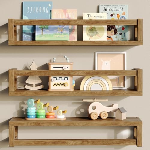 3Pack Nursery Book Shelves, Solid Wood Floatingshelf for Wall, Wa...
