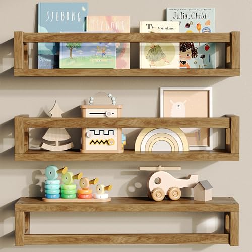 Upgraded Thick Floating Shelves – Multi-Use Wall-Mounted Bookshelves for Kids and Nursery, Ideal for Books, Toys, Spice Rack, Decor – Walnut Brown