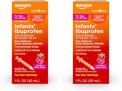 Image of Amazon Basic Care Infants’ Ibuprofen Oral Suspension, 50 mg/1.25 mL, Berry Flavor Concentrated Drops, Dye-Free, 1 fl oz (Pack of 2)