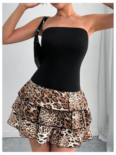 Verdusa Girl's Y2K Leopard Tiered Layered Ruffle Dress Strapless Backless Short Dresses4