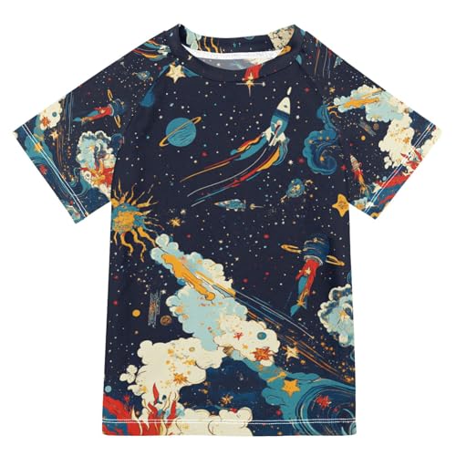 Jucciaco Boys Swimsuit Rocket Star Planet Art Sunscreen Kids Sun Rashguard Short Sleeve T-Shirts Swimwear Sets UPF 50+