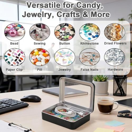 Image of HASTHIP 2 Pack Small Metal Tin Box with Clear Lid Hinged Storage Container for Crafts Traveling Small Items Organizer