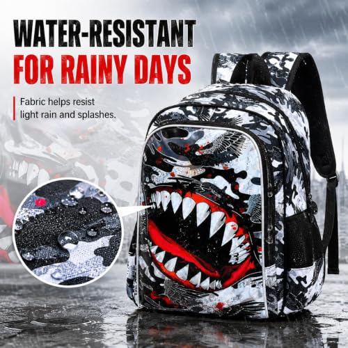 Image of 3Pcs Boys Backpack, 16 inch Shark Bookbag for Elementary Preschool Kindergarten, Kids School Backpacks with Lunch Box(Black)