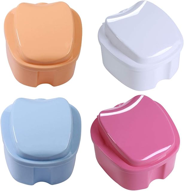 Denture Bath Case,Xiuyer 4 Pieces False Teeth Storage Box with Strainer Dental Care Rinsing Basket Orthodontic Denture Holder Container for Home & Travel(Light Blue White Pink Beige)