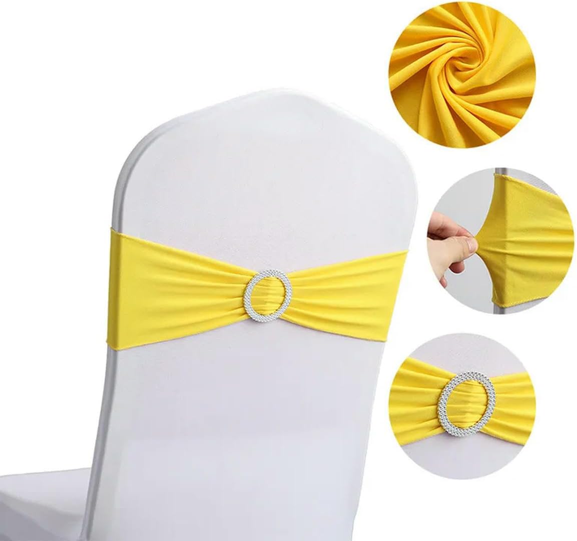 10/50 Pcs Spandex Stretch Chair Sashes Bows for Reception- Elastic Cover Bands with Buckle Slider-Dark Blue-10 (Yellow 50pcs)