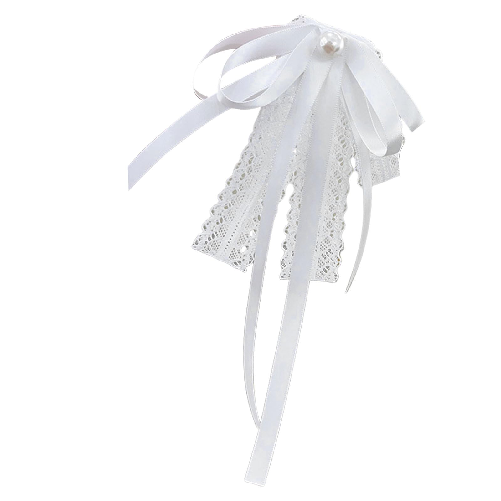 Klaisy Unisex White Necktie Bowtie Lace Ribbon Brooch Pin For Women And Girls Pearls Bowknot Brooch Lapel Pin Shirt Jabot Collar Corsage Casual Elegant Necktie