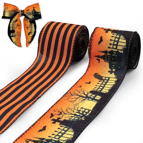 Habbiful 2 Rolls 2.5 Inch X 10 Yards Halloween Wired Ribbon for Crafts Wreath Bows Black and Orange Stripes Burlap Ribbons Halloween Theme Wrapping Ribbon for Home Party Decoration