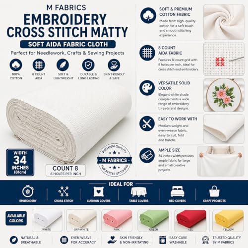 Image of Embroidery Cross Stitch Matty Soft Fabric Cloth (Cross Stitched Aida Needle Work Fabric) 34 Inches Width (8 Count Soft) - (5 Meters, White)