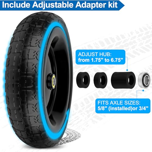 Image of 13 Inch Flat Free Wheels Tires 4.00-6 Solid Replacement with Universal 5 /8 inch Axle Bore Hole, 16 Spacers and 8 Pins, for Wheelbarrow, Garden Wagon, Hand Truck, Trolley, Lawn Mower, 4 Pack