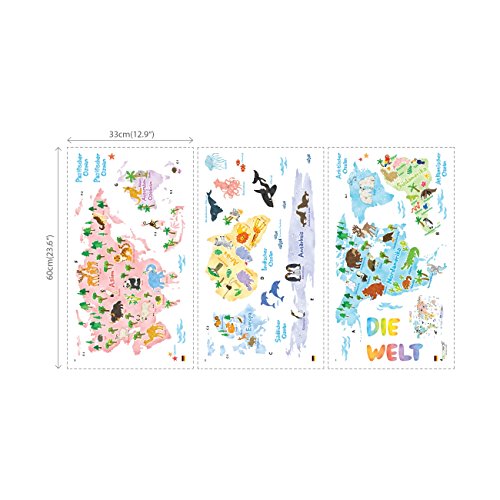 DECOWALL DAT-1615SDE Weltkarte Tierweltkarte Tiere Wandtattoo Wandsticker Wandaufkleber Wanddeko für Wohnzimmer Schlafzimmer Kinderzimmer (Groß) (Deutsche Ver.)