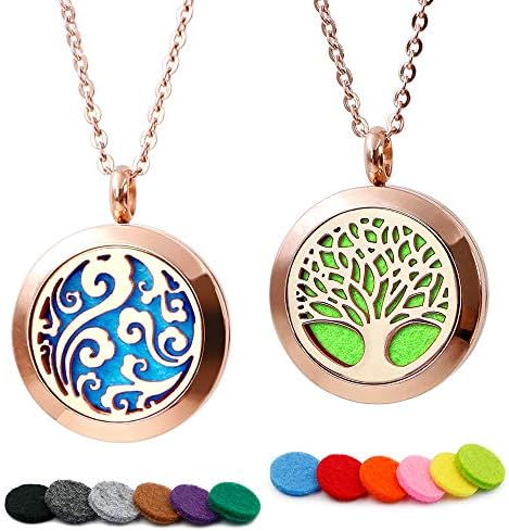 RoyAroma 2PCS Rose Gold Aromatherapy Essential Oil Diffuser Pendant Locket Necklace, 24" Adjustable Chain Stainless Steel Perfume Jewelry 12 Felt Pads Gift Set for Mother's Day
