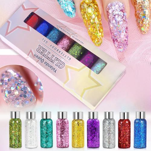 AOKITO Festival Gel Pailleté Visage et Corps – 9 Flacons de Gel Pailleté avec Cuillères, Paillettes Épaisses pour Carnaval, Festival, Mascarade et Maquillage de Soirée – vue 5