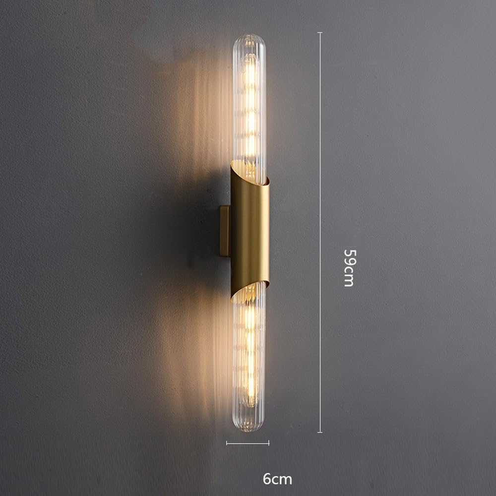 Modern Home Decoration Brushed Gold Bathroom Vanity Wall Light Over Mirror Ribbed Glass Up Down Wall Sconce Indoor Industrial Long Linear Bedside Wall Lamp for Bedroom Living Room Hallway