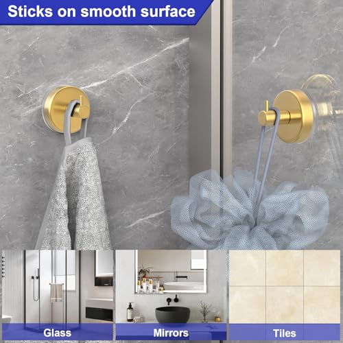 Image of HUFEEOH Shower Suction Hooks for Inside Showers, Gold L-Shape, 4-Pack | Towel Holders for Bathroom Walls, with Separate Hanging Spots on Smooth Glass, Tile, Mirror, Or Marble for Robes And Loofahs
