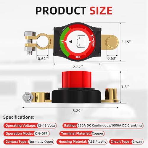 Image of Joinfworld Top Post Battery Disconnect Switch 12V-48V Battery Kill Switch Negative On /Off Battery Switch for Cars, Vehicles, RVs and Boats