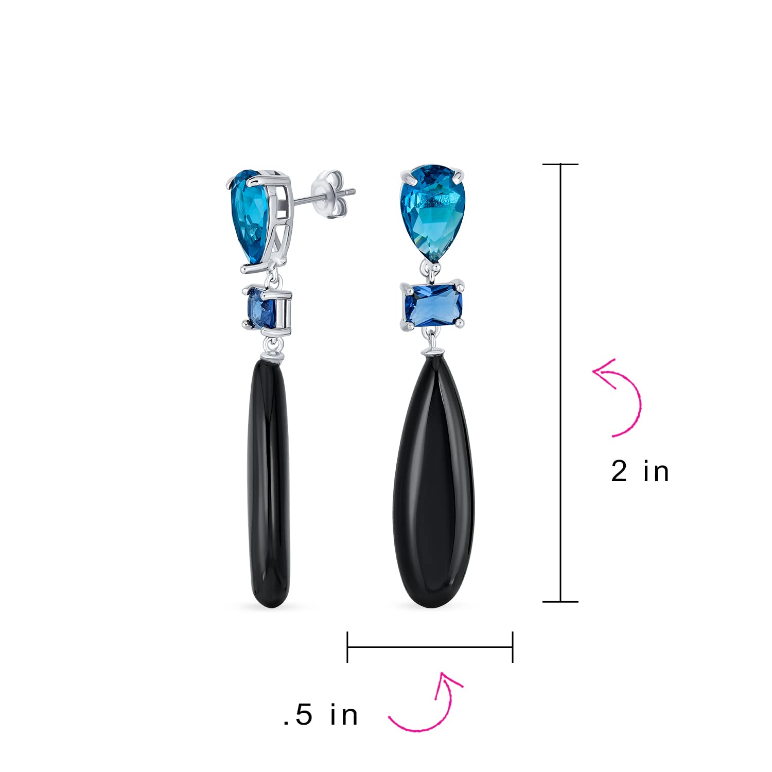 Orecchini Pendenti A Goccia Lunga E Allungata A Tre Livelli Colorati In Modo Lineare Con Pietre Preziose Naturali Di Onice Nero Turchese Blu Sodalite Navy E Quarzo Rosa Placcati In Argento Ideali