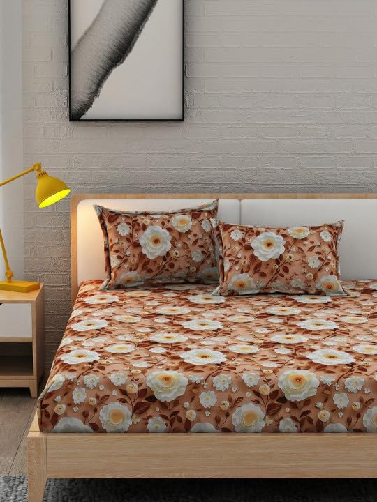 Image of Double Bed Fitted Bedsheet with 2 Pillow Covers | 7D Printed Bedsheet | Soft Cotton Feel, Wrinkle Free & Fade Resistant | Elastic Fit (Grey Peach 7D, Fitted - Double72x72)