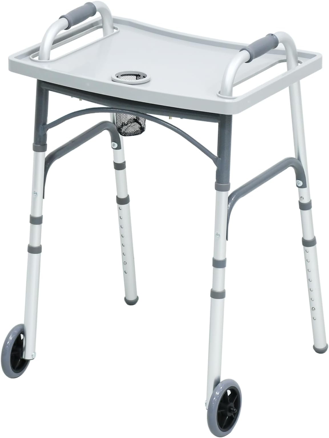 Loyoda Foldable Walker with Tray，Lightweight Folding Walker with 5" Wheels Height Adjustable Aluminum Standard Walkers for Seniors up to 350 lbs