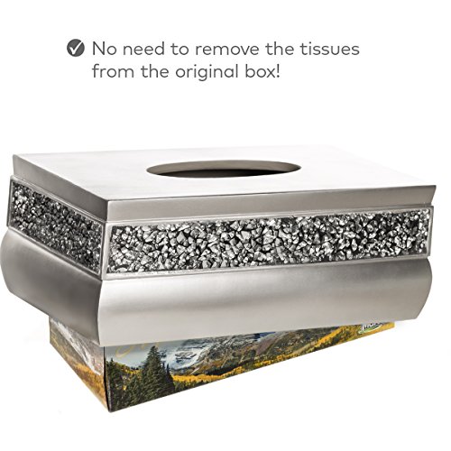 Image of Crackled Glass Silver Tissue Box Cover Rectangular - Decorative Bling Tissue Box Holder With Beautiful Mosaic Glass - Elegant Tissue Holder For Bathroom With Durable Bottom Slider (Silver Collection)