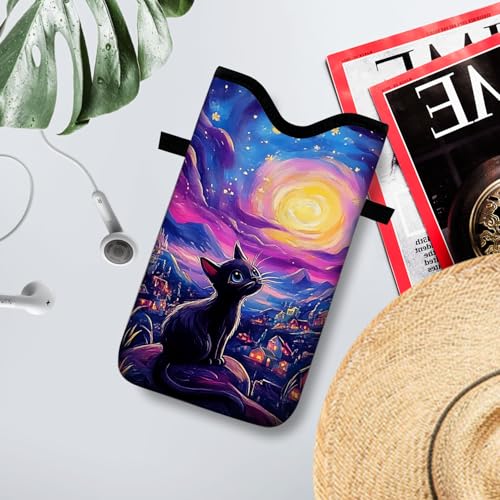 Image of Neoprene Cell Phone Sleeve Pouch Case Bag with Crossbody Strap Neck Lanyard for Women 7.1 X 3.9 in Cat Sky