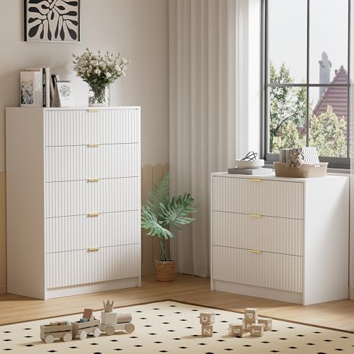 Image of Furniway 31.5 inch Large Nightstand with 3 Drawers, Fluted Bedside Table, Modern Tall End Table with Storage, Wood Night Stand Organizer Cabinet for Bedroom, White