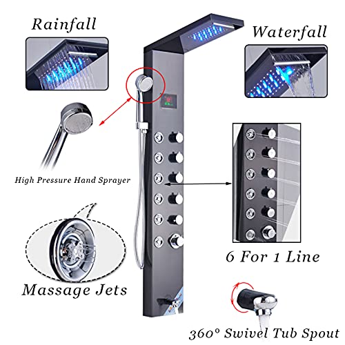 Panel de Ducha para Baño Sistema Torre de Agua con Pantalla LED de Temperatura, Acero Inoxidable 304, Sistema de Masaje de 4 Funciones, Fácil Instalación, Negro miniatura 4