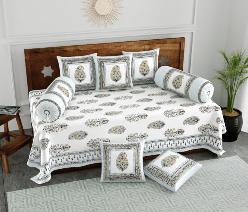 Image of BLOCKS OF INDIA 200TC Diwan Set Cotton 8 Piece | Deewan Printed Bedsheet Sets for Living Room Hall (Set of 8 Piece, 1-Bed Sheet | 2-Bolster Cover | 5-Cushion Cover (Color 45)