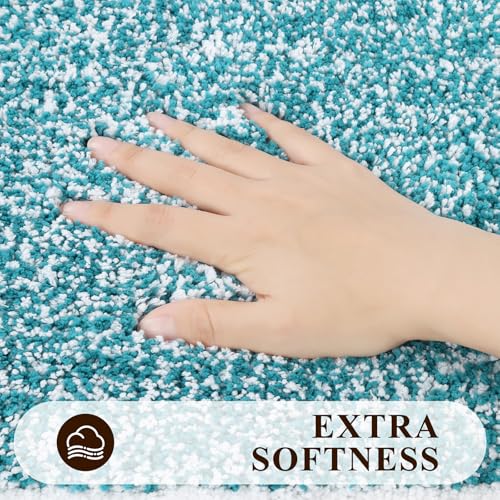 Pauwer 3 Piece Bath Mat Set, Non Slip Plush Bathroom Mats, Absorbent Shaggy Bathroom Rug Set with U-Shaped Contour Toilet Mat for Bedroom Living Room, Aqua Blue