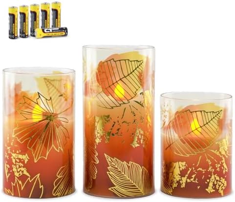 Rhytsing Fall Leaves Glass LED Candles with 6H Timer Function, Se...