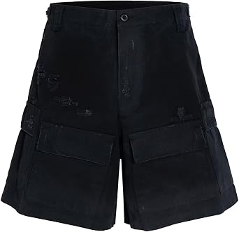 Damaged Hole Ripped Summer Cargo Shorts Mens Wide Leg Black Baggy Knee Length Pants