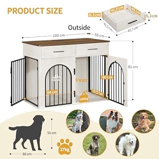 Hzuaneri Dog Crate Furniture with 2 Drawers, Large Wooden Dog Crate with Charging Station, Indoor Kennel End Side Table for Small Medium Large Dogs, Anti-Chew Anti-Escape, White Brown DFC87214B