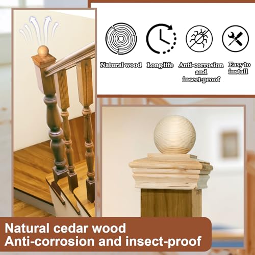Image of Hosuly 4x4 Wood Newel Post Cap and Mounting Kit, Cedar Finial with Ball Top and L-Bracket Fasteners for Installing Decorative Railings on Stairs, Decks, and Floors