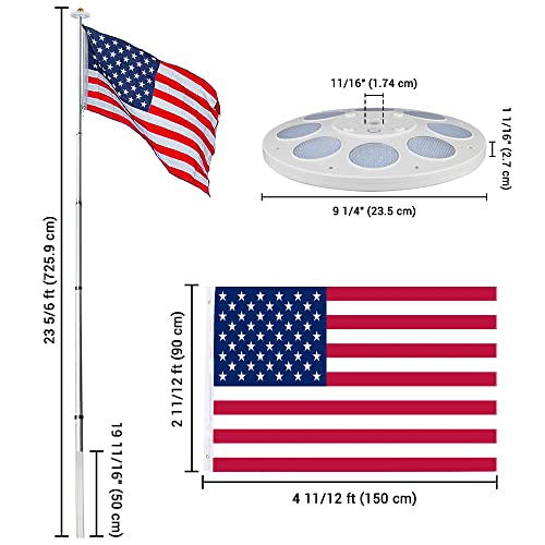 Yescom Silver 25Ft Telescopic Flag Pole Kit Heavy Duty Aluminum Flagpole Us Flag & Ball Top With 136 Led Solar Light Yard Residential Commercial #TOP6