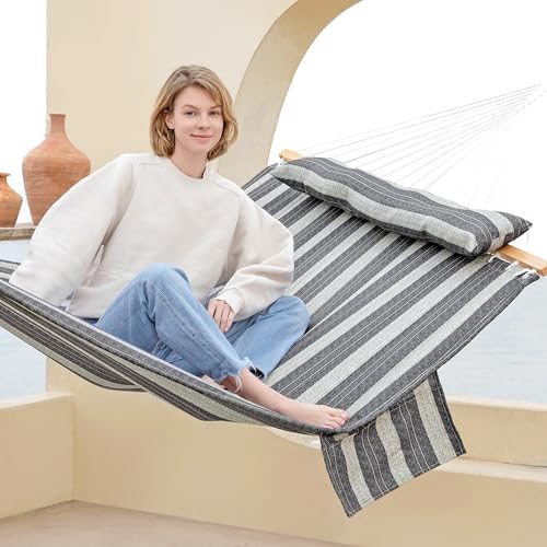 Image of GAFETE Hammock 2 Person Quilted Fabric Hammocks for Outside, Double 12ft Hammocks with Spreader Bar, Large Removable Pillow, Storage Bag, Carabiners, Max 475 lbs Capacity (Mountain Mist Gray)