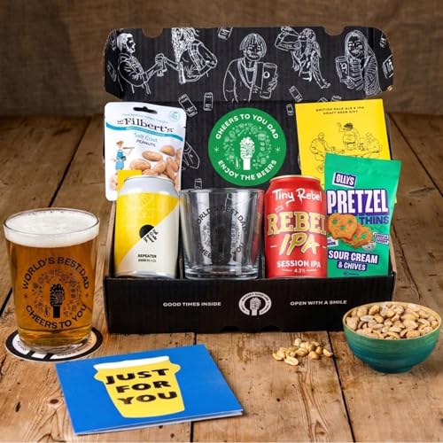 Premium Fathers Day Beer Gift Hamper for Dad | Craft Beer Gift Set for Men with IPA & Pale Ale Limited Edition Glass & Snacks | Gifts for Men - by QWERTY