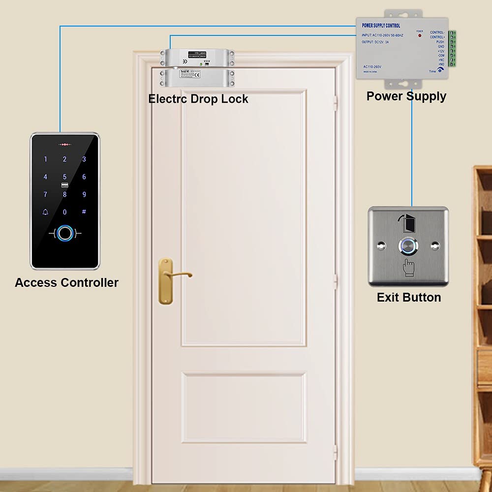 GXYKit de système de contrôle d'accès de porte RFID Clavier étanche à empreinte digitale IP68, Serrure à verrou électronique, Alimentation 12V 3A, Bouton de commutation, 10pcs IC 13.56MHz Keychains