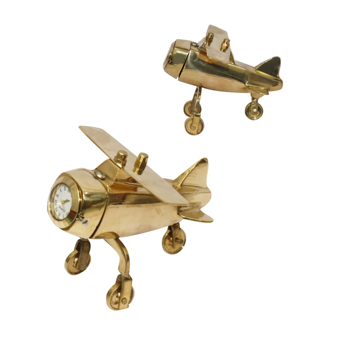 BRACOP Miniature Clock Brass Decor Indian Handmade Small Table Clock Aeroplane Biplane Clock For Home Office Decoration Antique Clock Mantel Clock Desk Decor Decorative Statue Gift